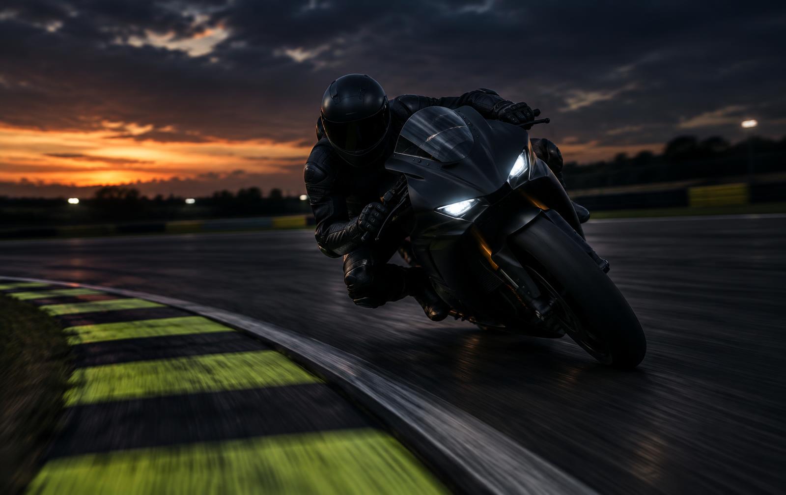 Moto de velocidade inclinada em curva na pista ao entardecer